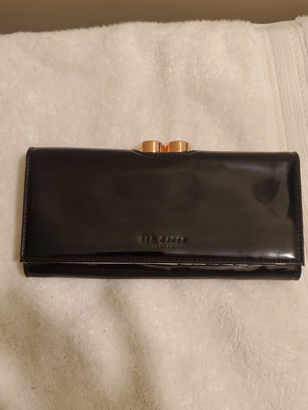 Ted Baker Black Patent Clutch with Gold-Tone Kiss Lock